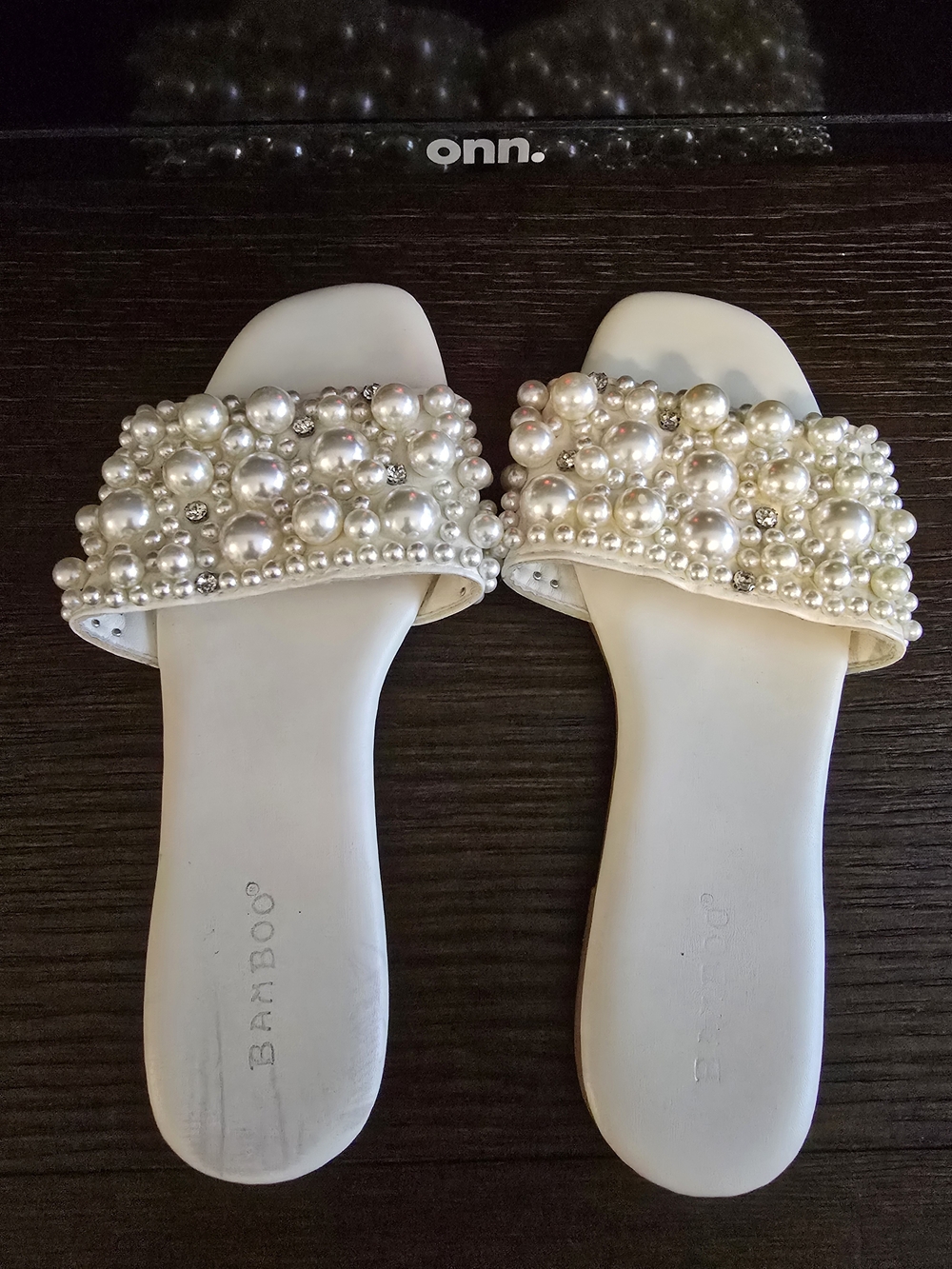 Bamboo Pearl-Embellished White Slide Sandals - Bamboo - Picture 3 of 5